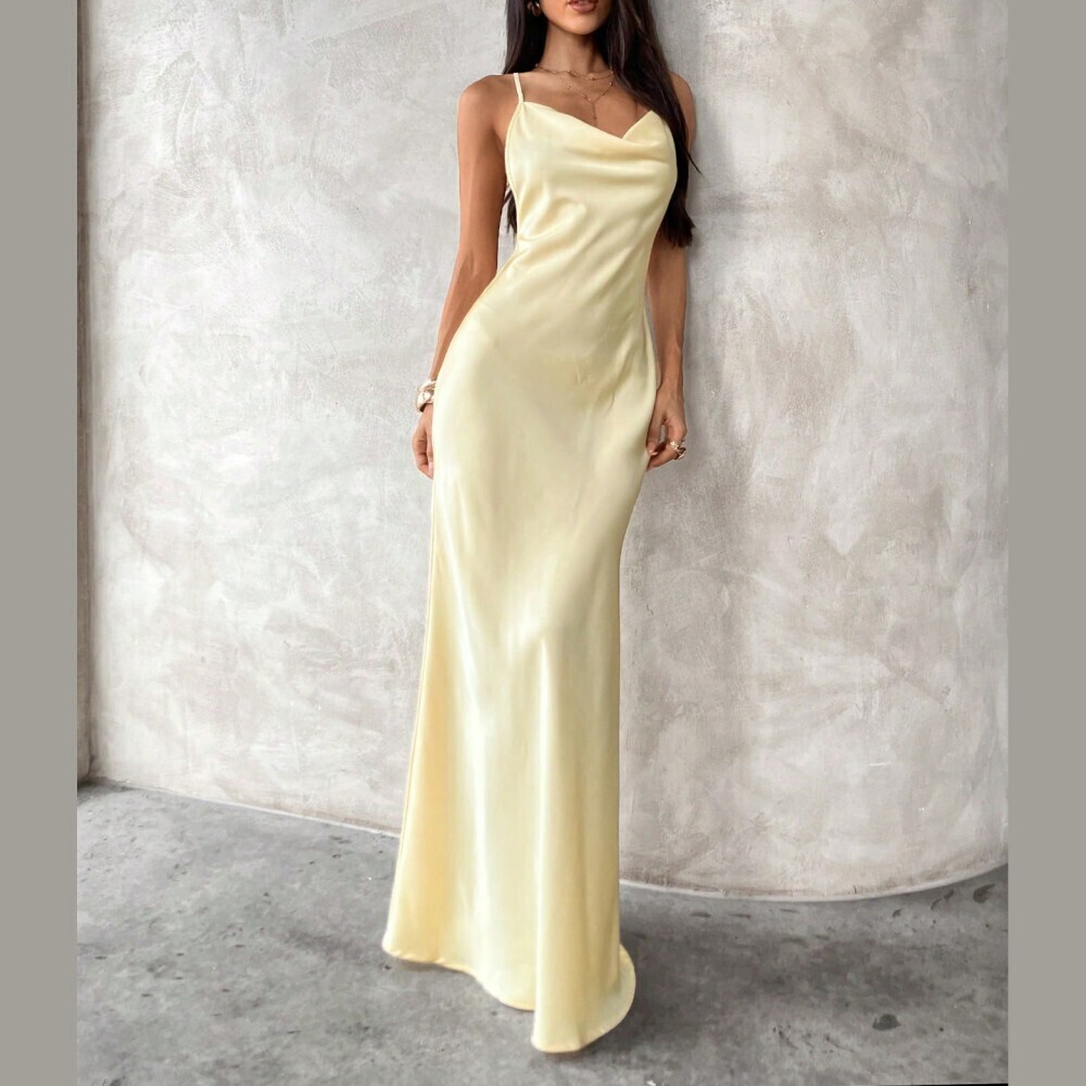 Pale Yellow Satin Cowl Neck Spaghetti Strap Maxi Dress - Picture 7 of 9